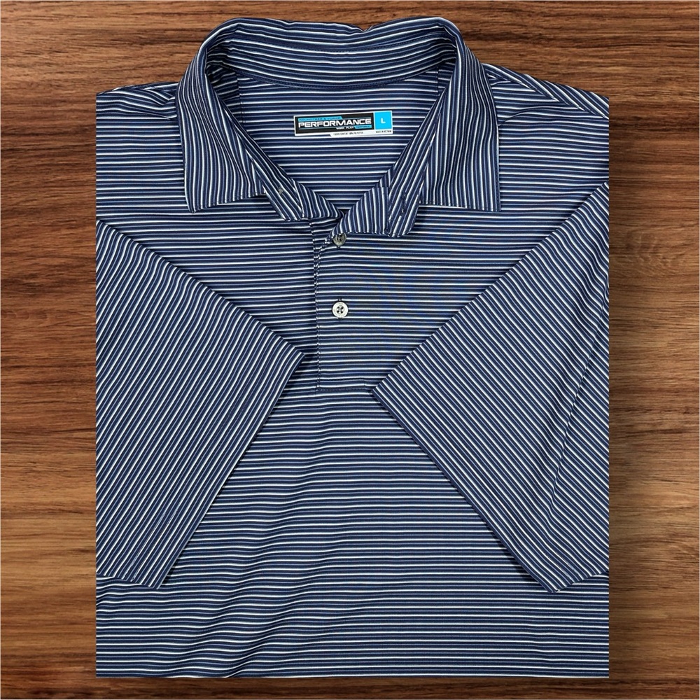 Roundtree & Yorke Performance Men’s Blue and White Striped Polo. Large